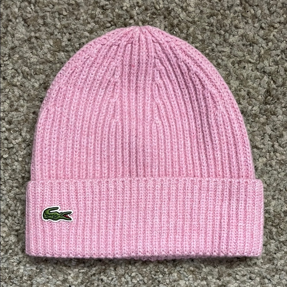 Lacoste Pink 100% Wool Knit Beanie Hat